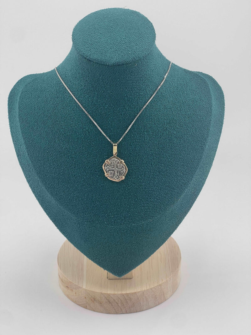 NUESTRA SENORA DE ATOCHA MINI SILVER COIN PENDANT IN 14KT GOLD BEZEL