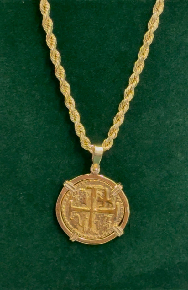14k solid real gold atocha coin pendant with 14k solid real gold rope chain