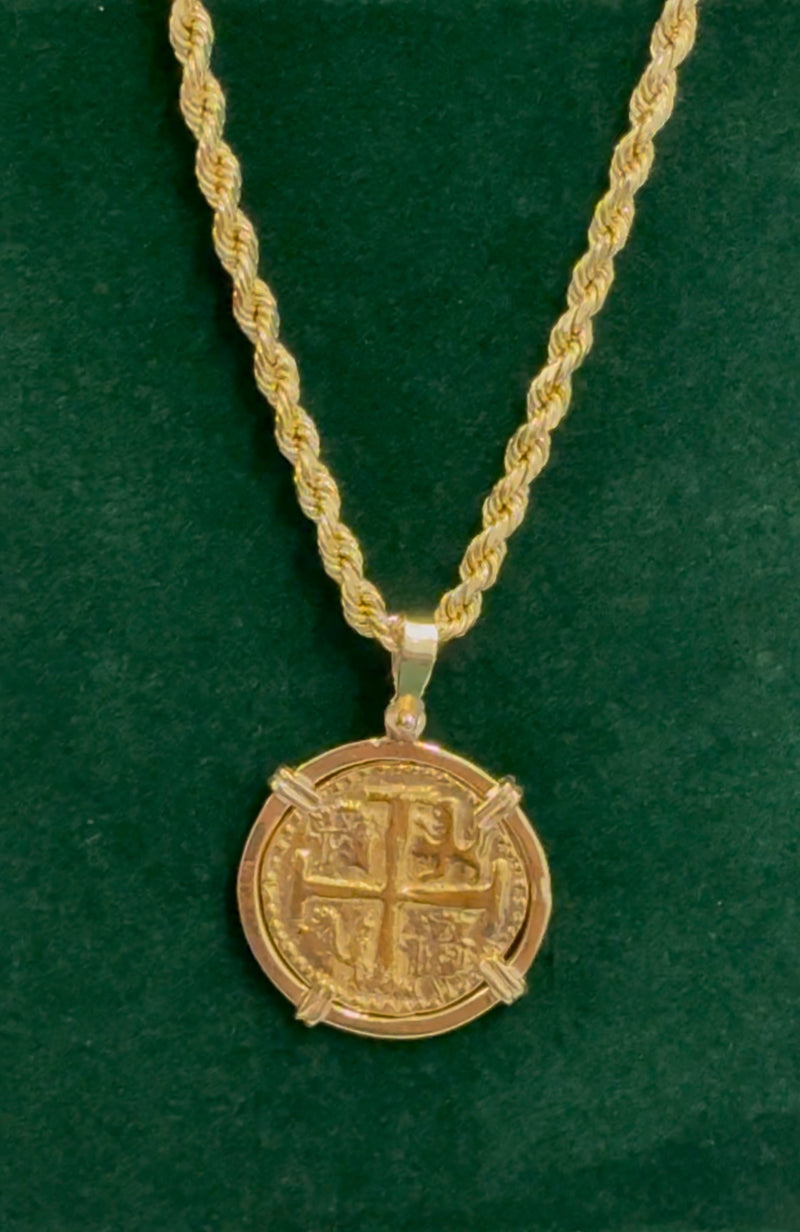 14k solid real gold atocha coin pendant with 14k solid real gold rope chain