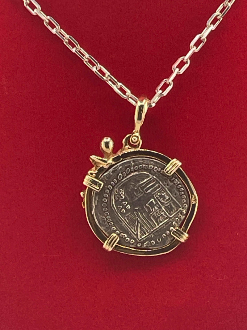 NUESTRA SENORA DE ATOCHA SILVER COIN PENDANT IN 14KT SOLID GOLD OCTOPUS BEZEL