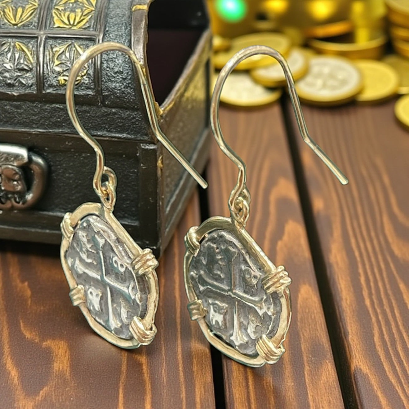 ATOCHA SILVER COIN HOOK DANGLE EARRINGS IN 14k GOLD BEZEL AND 14K GOLD HOOK