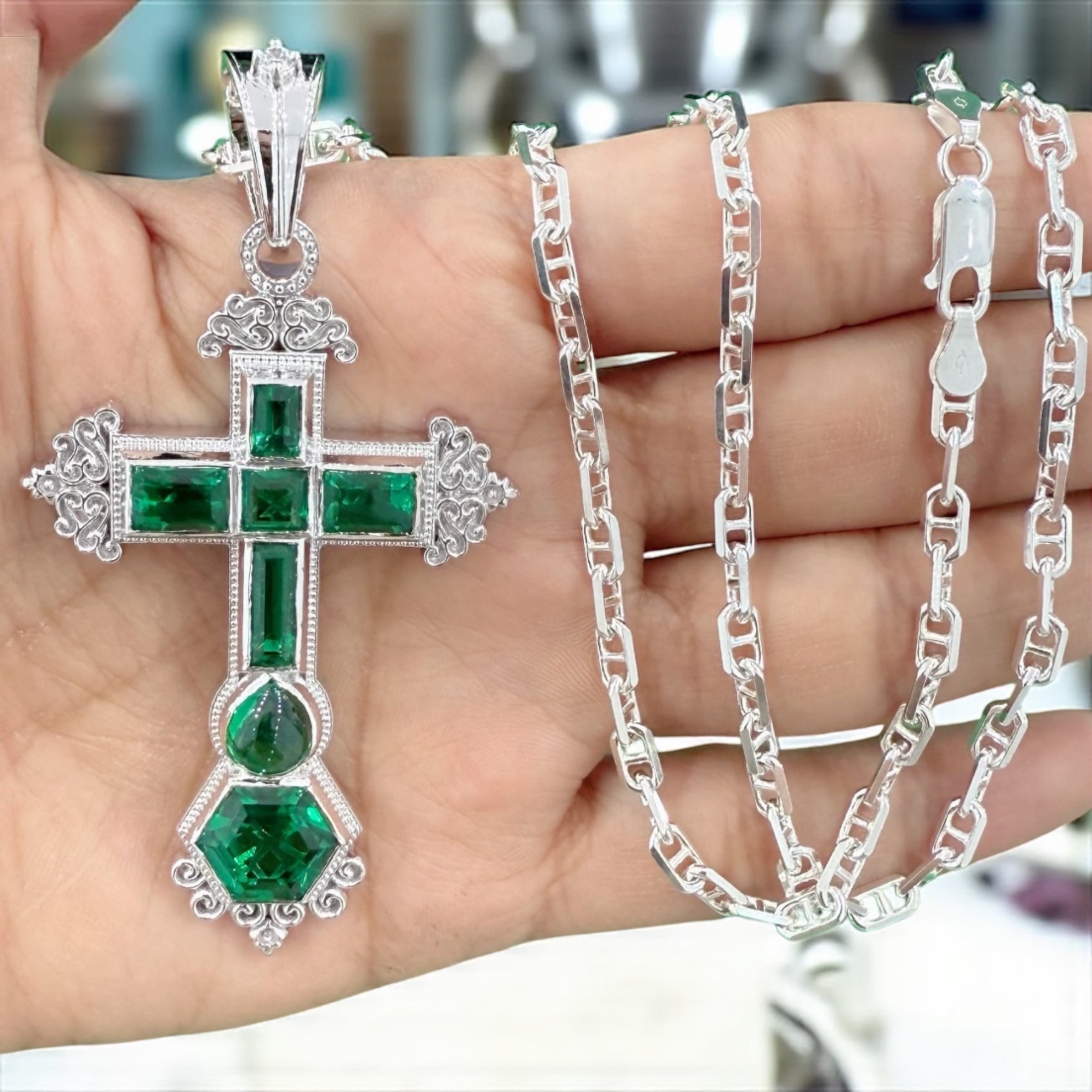 925 Sterling Silver Atocha cross emerald pendant