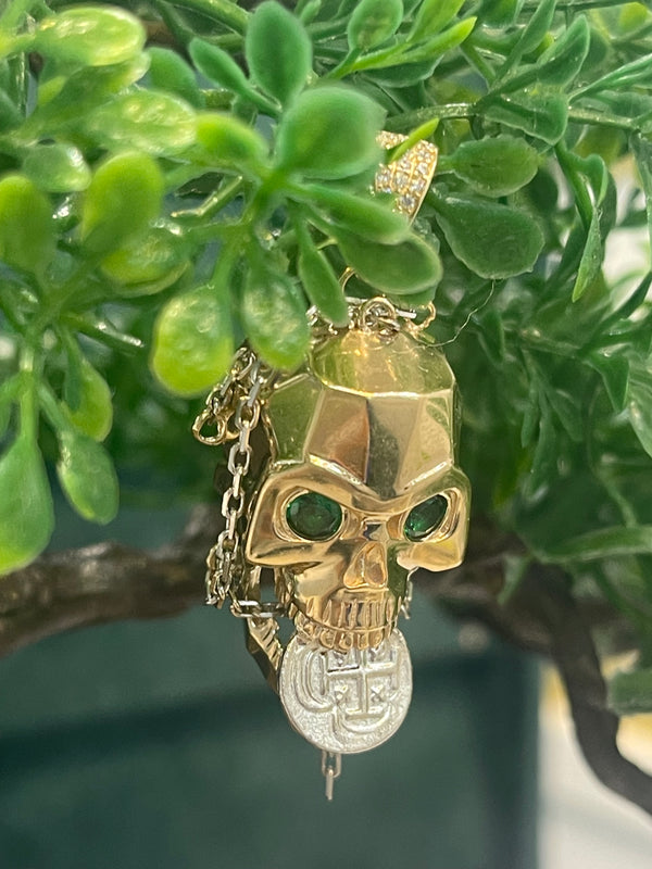 NUESTRA SENORA DE ATOCHA MINI SILVER COIN PENDANT IN 10K REAL GOLD SKULL WITH GREEN CRYSTAL EYES