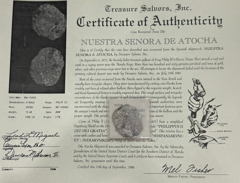 ACTUAL COIN NUESTRA SENORA DE ATOCHA SILVER COIN 8 REALE GRADE 4