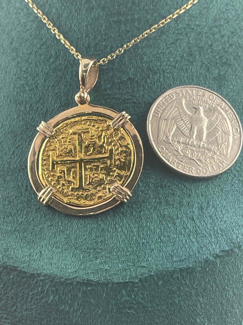 14K SOLID GOLD ATOCHA COIN PENDANT WITH 14K REAL GOLD MINI CHAIN 20”