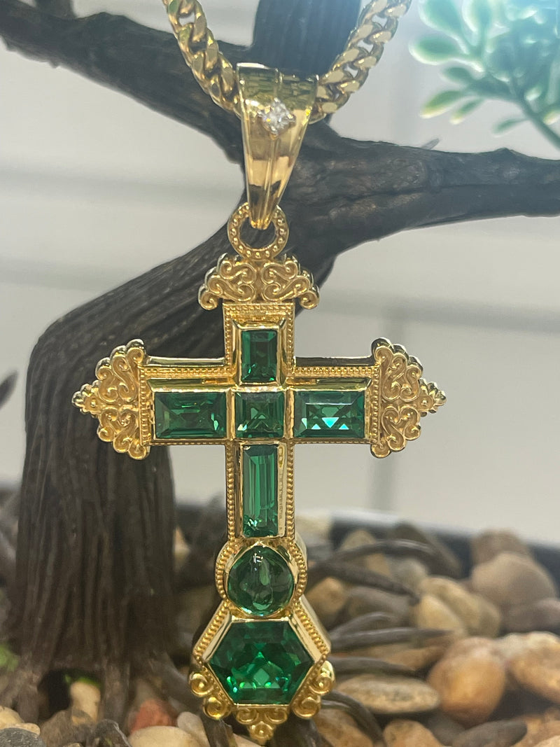 14K REAL SOLID GOLD EMERALD CROSS PENDANT