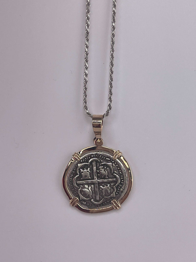 NUESTRA SENORA DE ATOCHA SILVER COIN PENDANT IN 14KT SOLID GOLD BEZEL