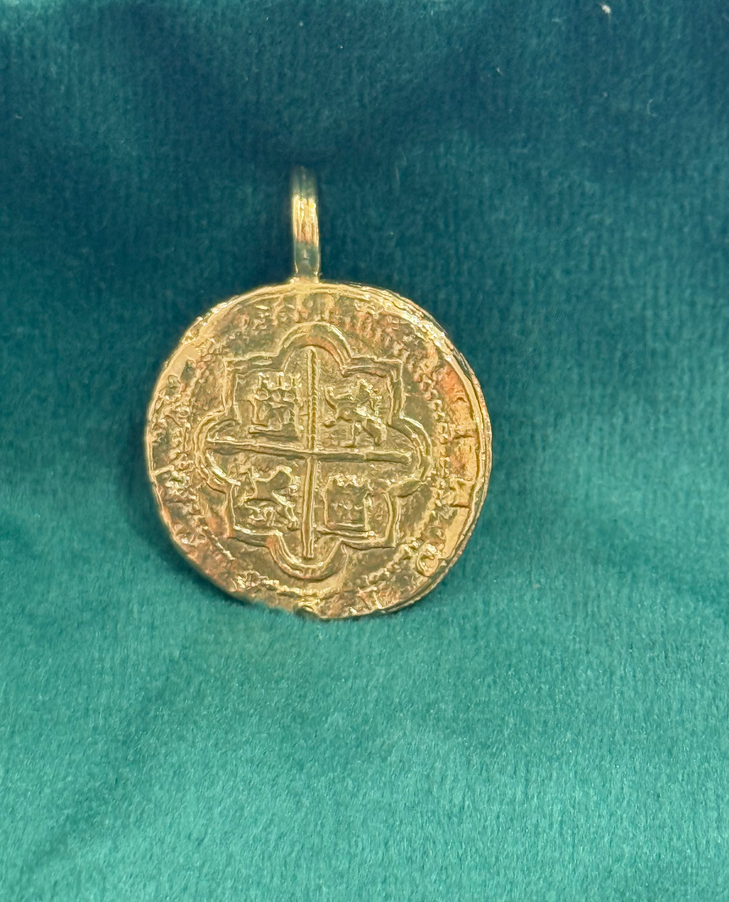 MUSEUM QUALITY RECREATION OF ATOCHA SHIPWRECK GOLD COIN PENDANT HANDMADE WITH 14K REAL GOLD