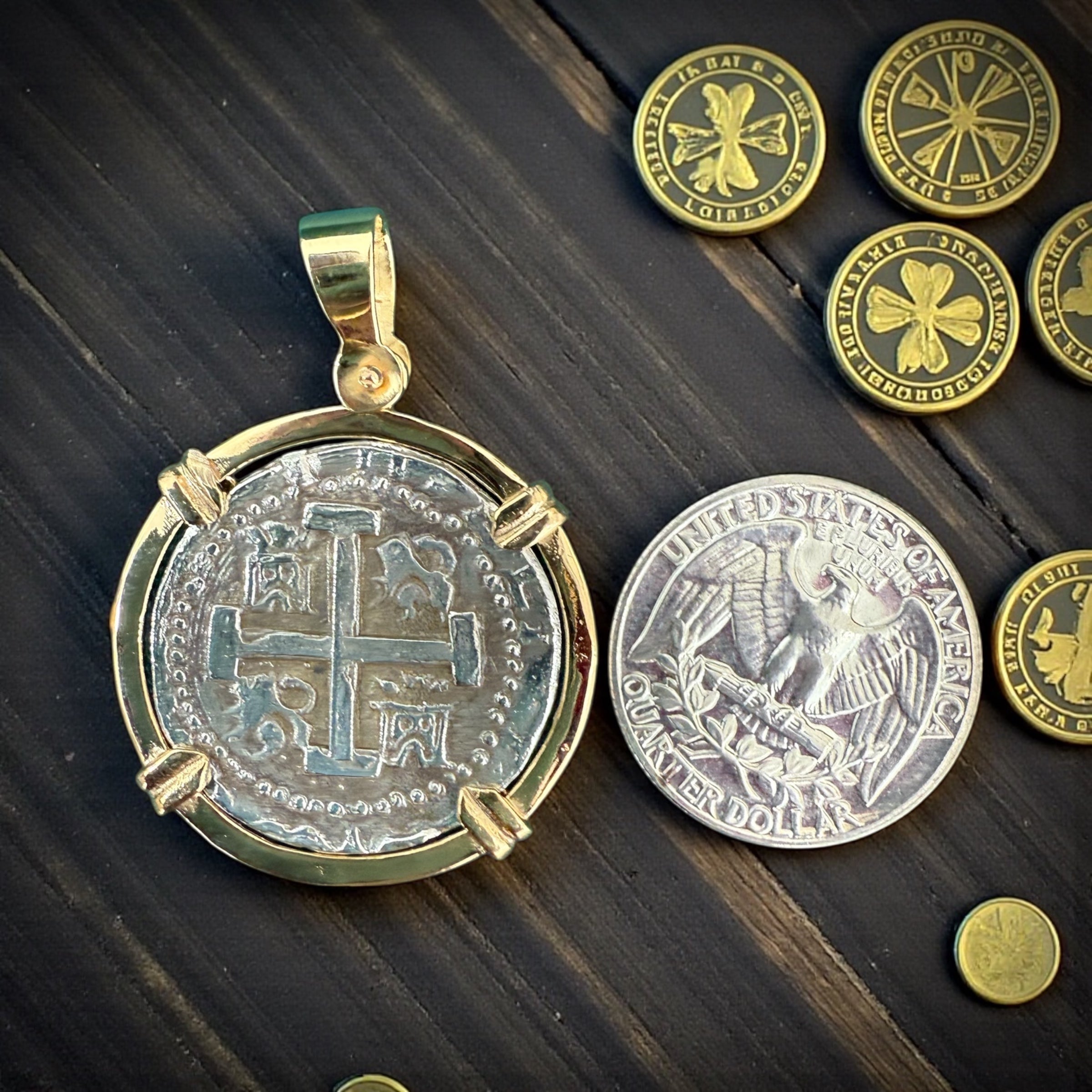 ATOCHA Silver Coin Pendant In 14k Gold Bezel Handmade