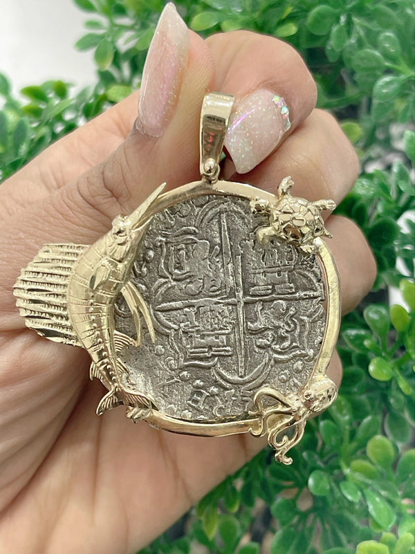 NUESTRA SENORA DE ATOCHA SILVER COIN PENDANT IN 14K REAL SOLID GOLD FISH 🐟 OCTOPUS 🐙 AND TURTLE 🐢 BEZEL