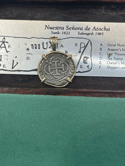 NUESTRA SENORA DE ATOCHA SILVER COIN PENDANT IN 14KT SOLID GOLD BEZEL HANDMADE WITH ATOCHA SILVER