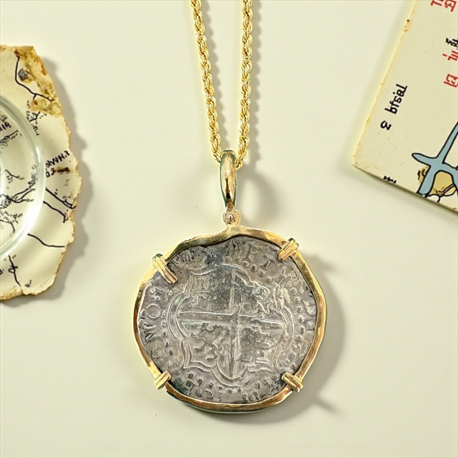 ATOCHA SOLID LARGE SIZE SILVER COIN PENDANT IN 14KT SOLID GOLD BEZEL