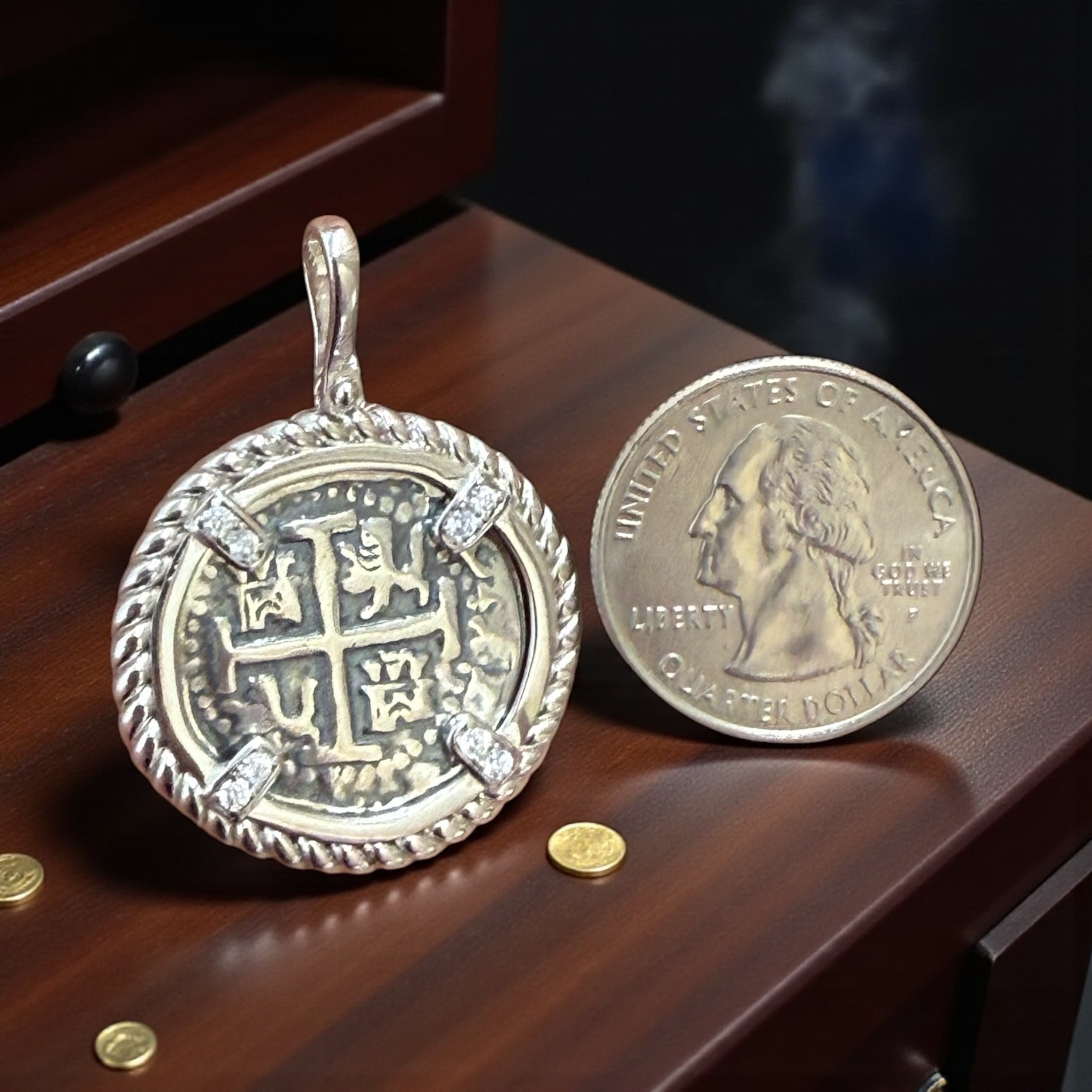 Gorgeous Atocha Shipwreck coin pendant in rope bezel setting quarter size 29mm