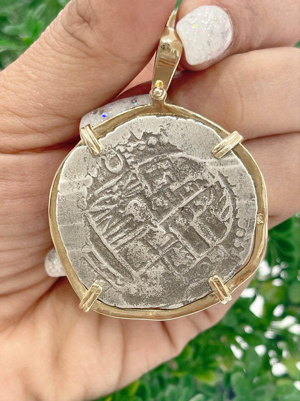 NUESTRA SENORA DE ATOCHA SILVER COIN PENDANT IN 14K REAL SOLID GOLD BEZEL 8 REALE SIZE HANDMADE FROM ATOCHA SILVER