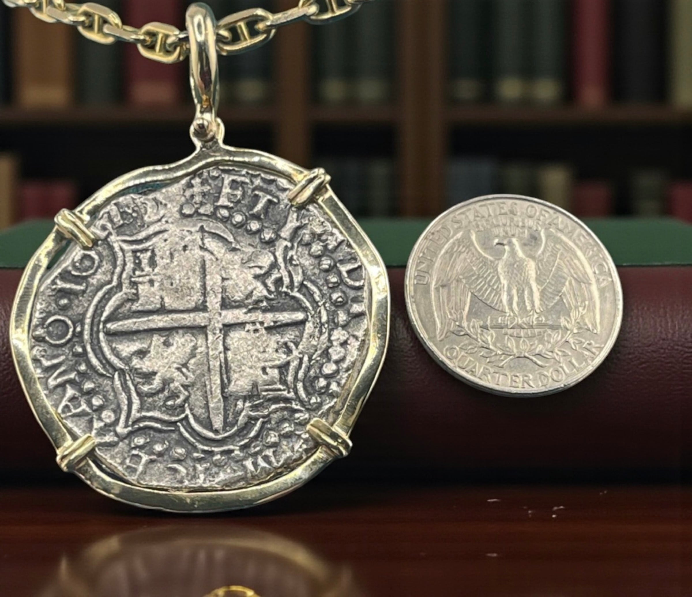 NUESTRA SENORA DE ATOCHA SOLID LARGE SIZE SILVER COIN PENDANT IN 14KT SOLID GOLD BEZEL