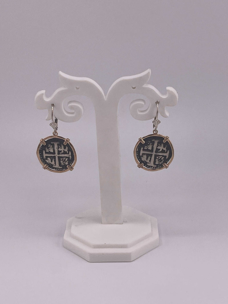 NUESTRA SENORA DE ATOCHA SILVER COIN EARRINGS IN 14k GOLD BEZEL