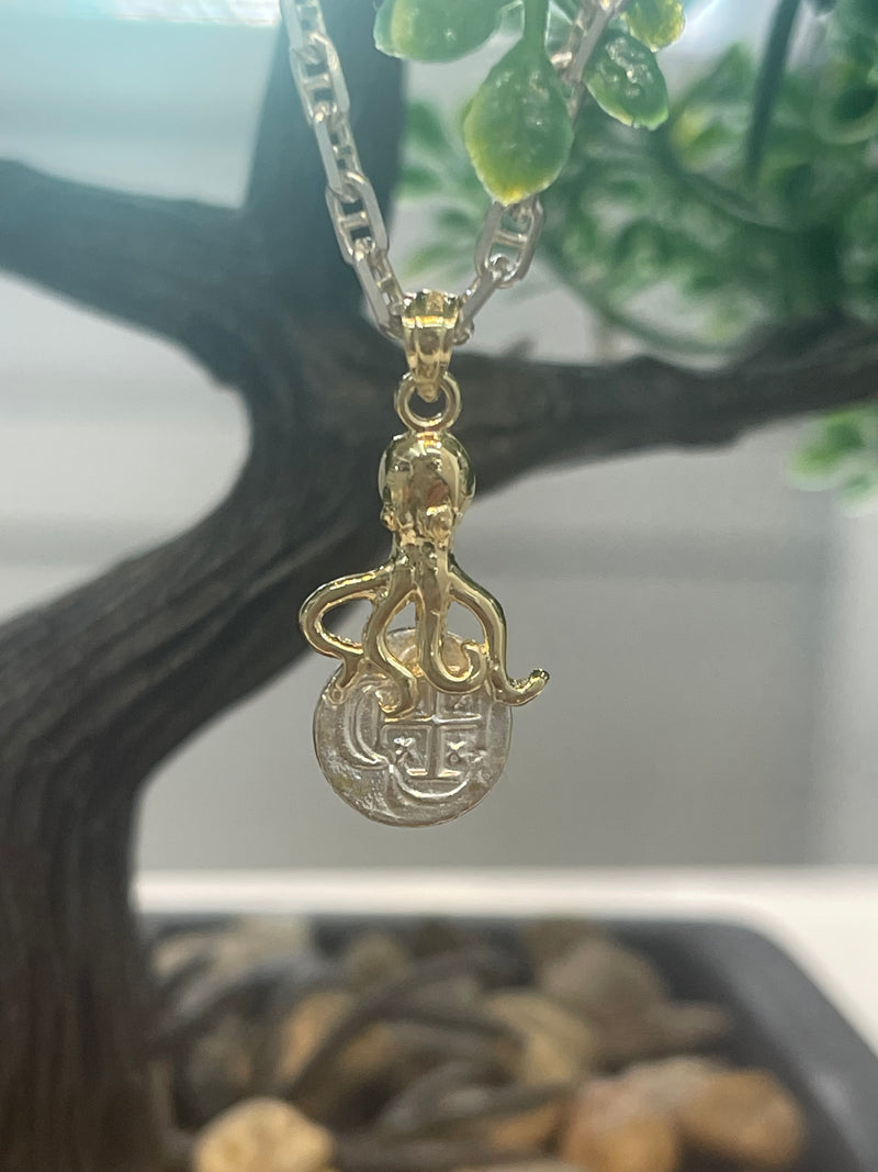 NUESTRA SENORA DE ATOCHA MINI SILVER COIN PENDANT IN 10K REAL GOLD OCTOPUS