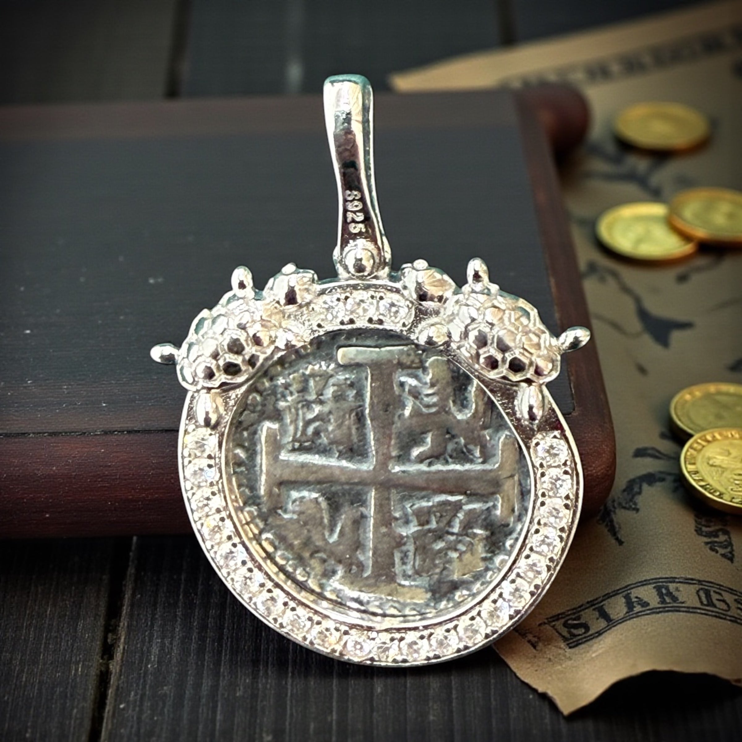 Gorgeous Atocha Shipwreck coin pendant in sparkling crystals and twin turtles