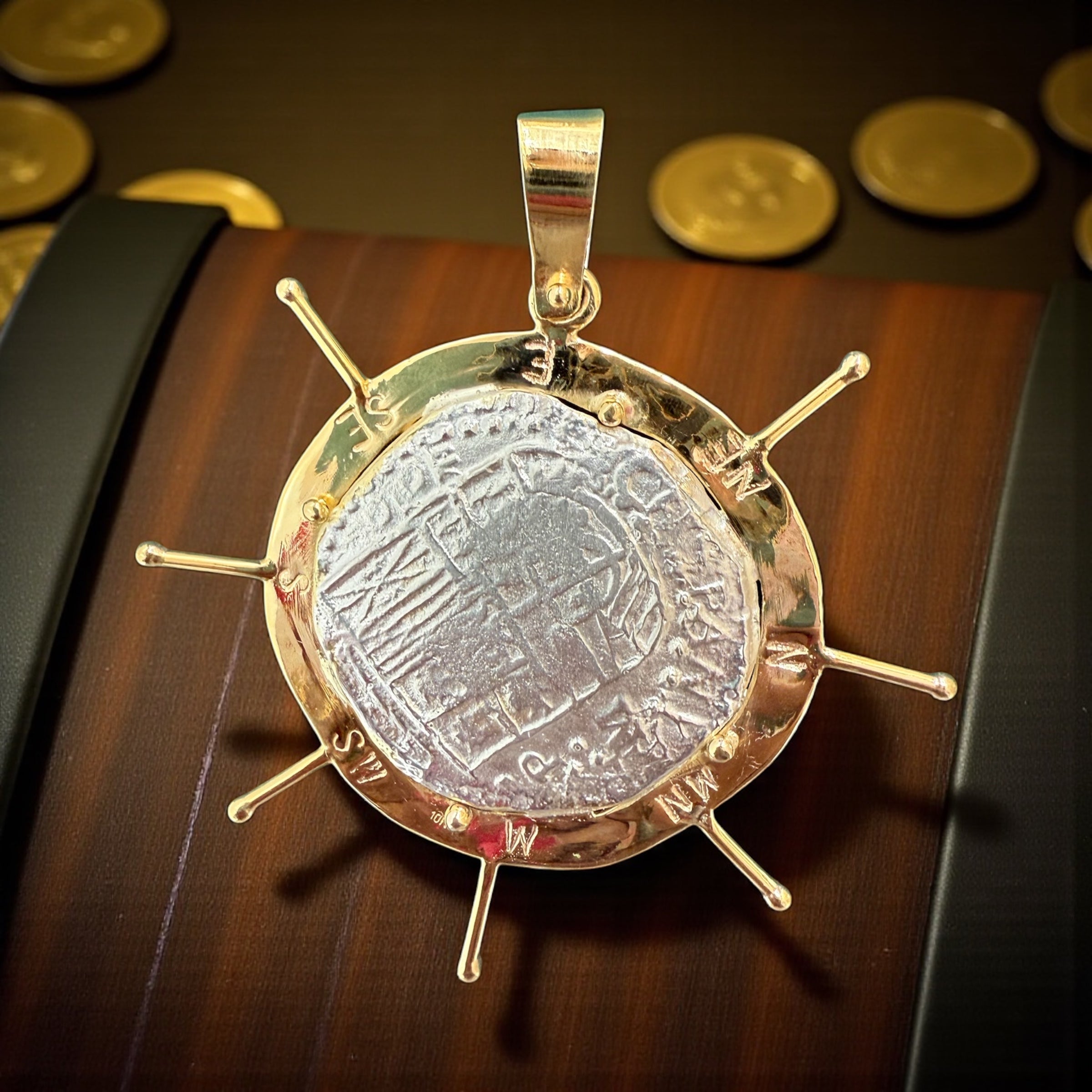 ATOCHA LARGE SILVER COIN PENDANT IN 10KT REAL GOLD SHIP’s WHEEL SETTING