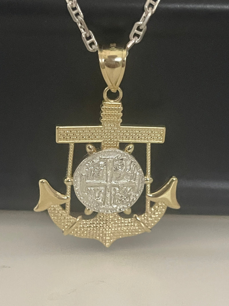 NUESTRA SENORA DE ATOCHA MINI SILVER COIN PENDANT IN 10K REAL GOLD ANCHOR