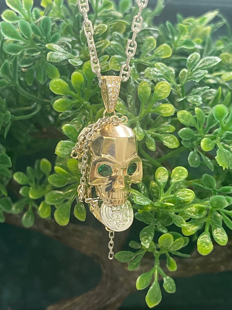 NUESTRA SENORA DE ATOCHA MINI SILVER COIN PENDANT IN 10K REAL GOLD SKULL WITH GREEN CRYSTAL EYES