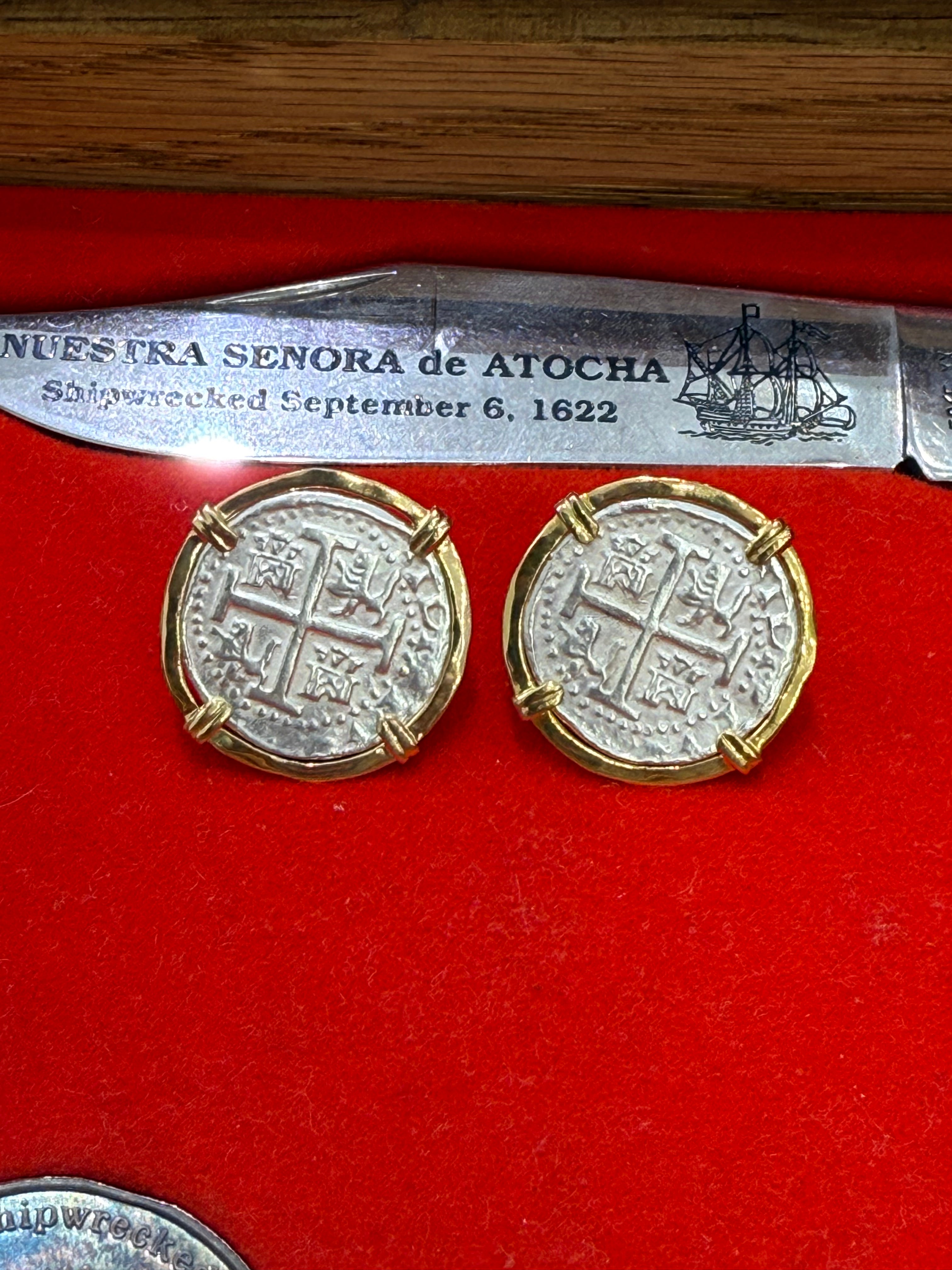 Atocha Silver COCKTAIL Coin Earrings 25mm in 14k real gold bezel