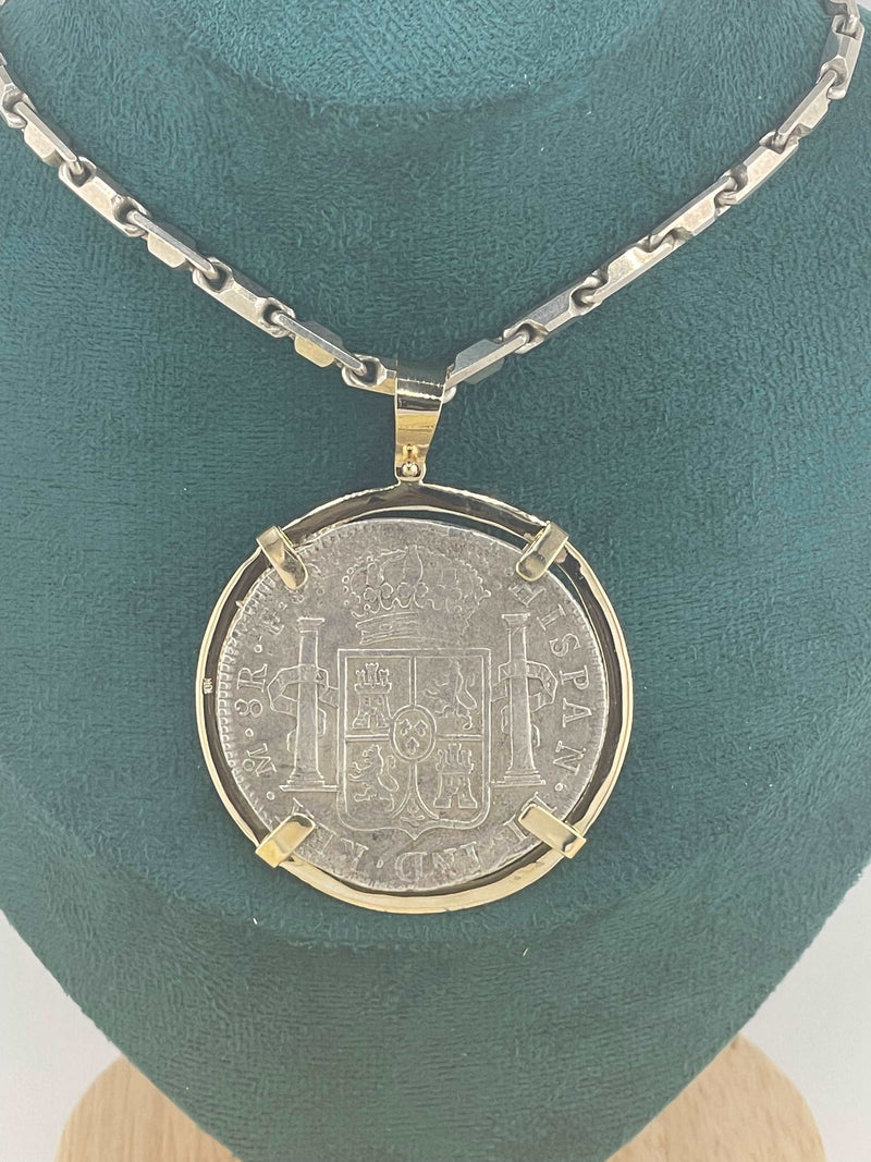 ACTUAL GRADE 1 EL CAZADOR COIN PENDANT IN 10K SOLID REAL GOLD BEZEL