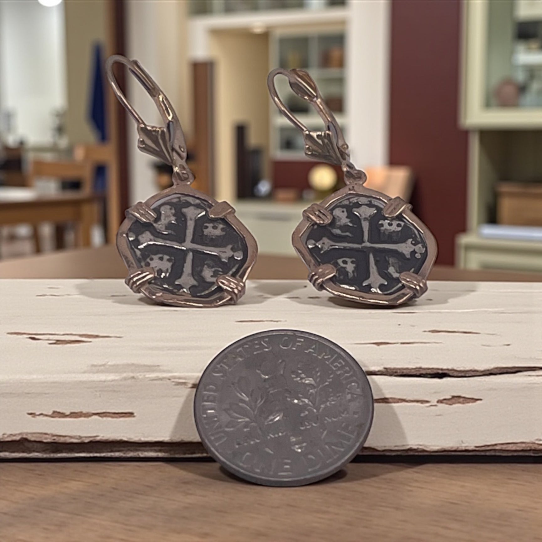 NUESTRA SENORA DE ATOCHA MINI SILVER COIN EARRINGS IN 14k GOLD BEZEL