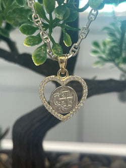 NUESTRA SENORA DE ATOCHA MINI SILVER COIN PENDANT IN 10K REAL GOLD CRYSTAL HEART