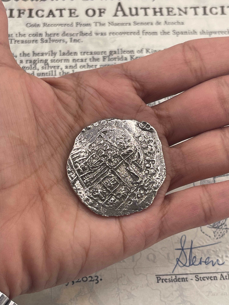 ACTUALNUESTRA SENORA DE ATOCHA SILVER COIN 8 REALE GRADE 1 REIGH:PHILIP III