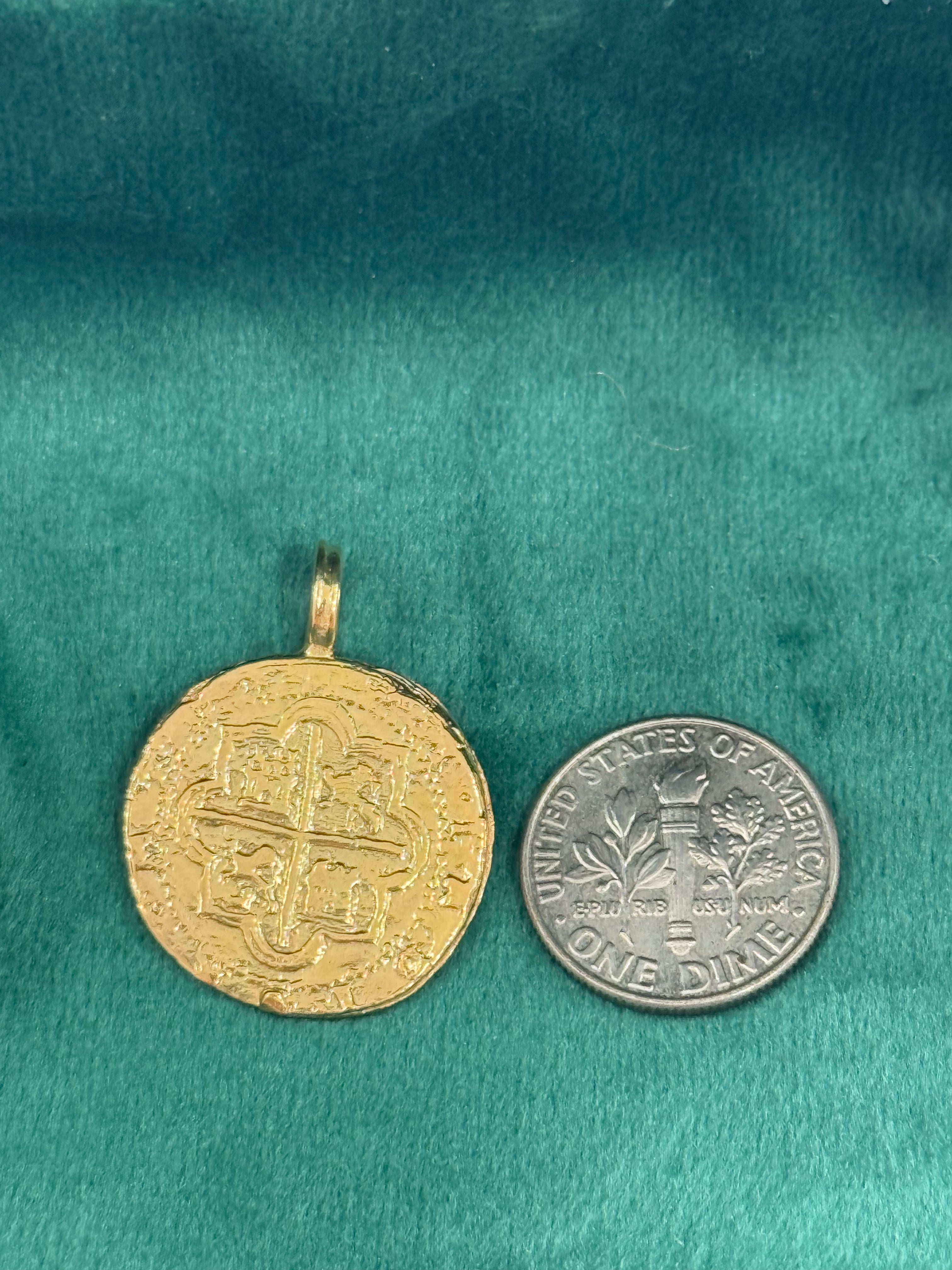 MUSEUM QUALITY RECREATION OF ATOCHA SHIPWRECK GOLD COIN PENDANT HANDMADE WITH 14K REAL GOLD