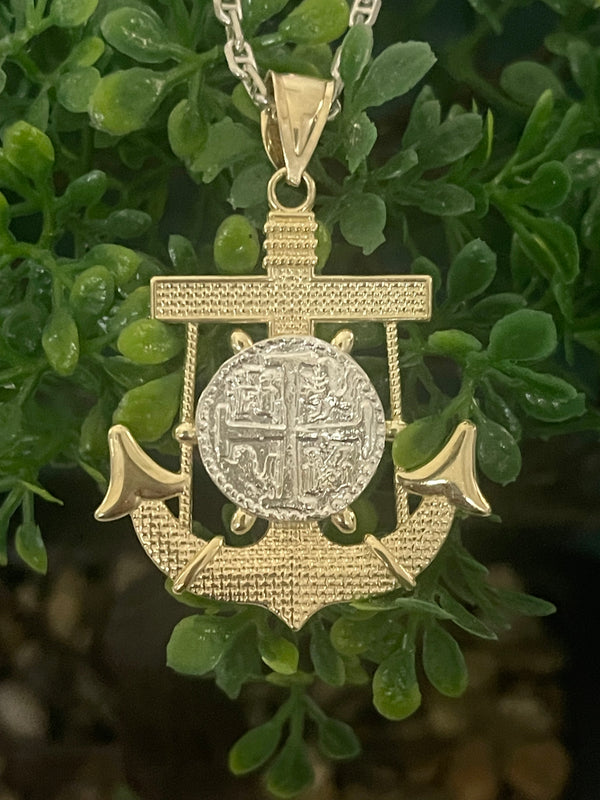 NUESTRA SENORA DE ATOCHA MINI SILVER COIN PENDANT IN 10K REAL GOLD ANCHOR