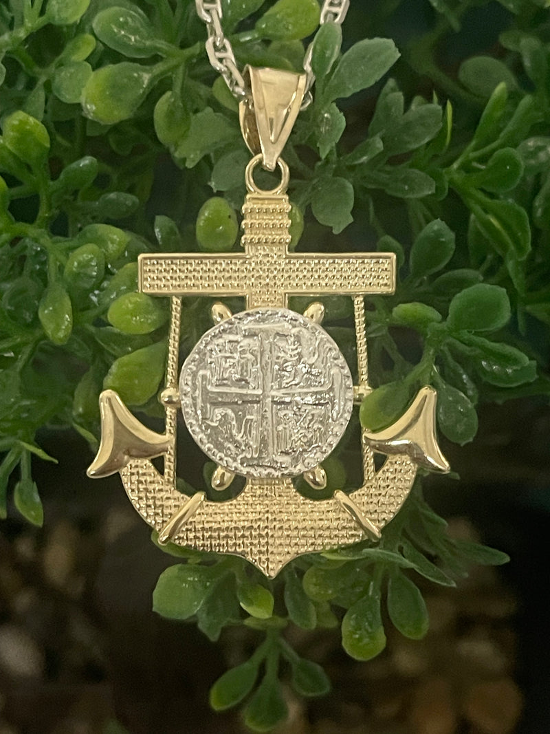 NUESTRA SENORA DE ATOCHA MINI SILVER COIN PENDANT IN 10K REAL GOLD ANCHOR