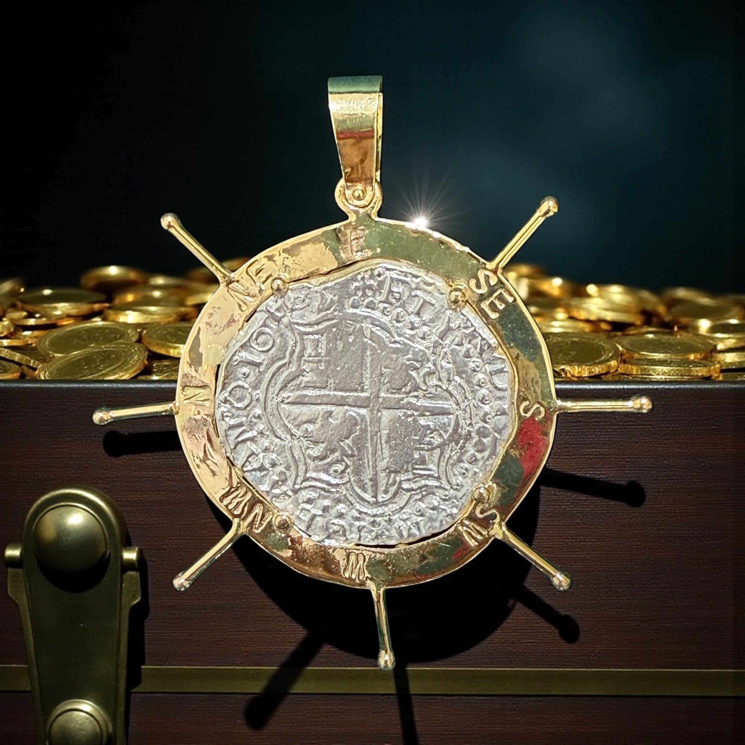 ATOCHA LARGE SILVER COIN PENDANT IN 10KT REAL GOLD SHIP’s WHEEL SETTING