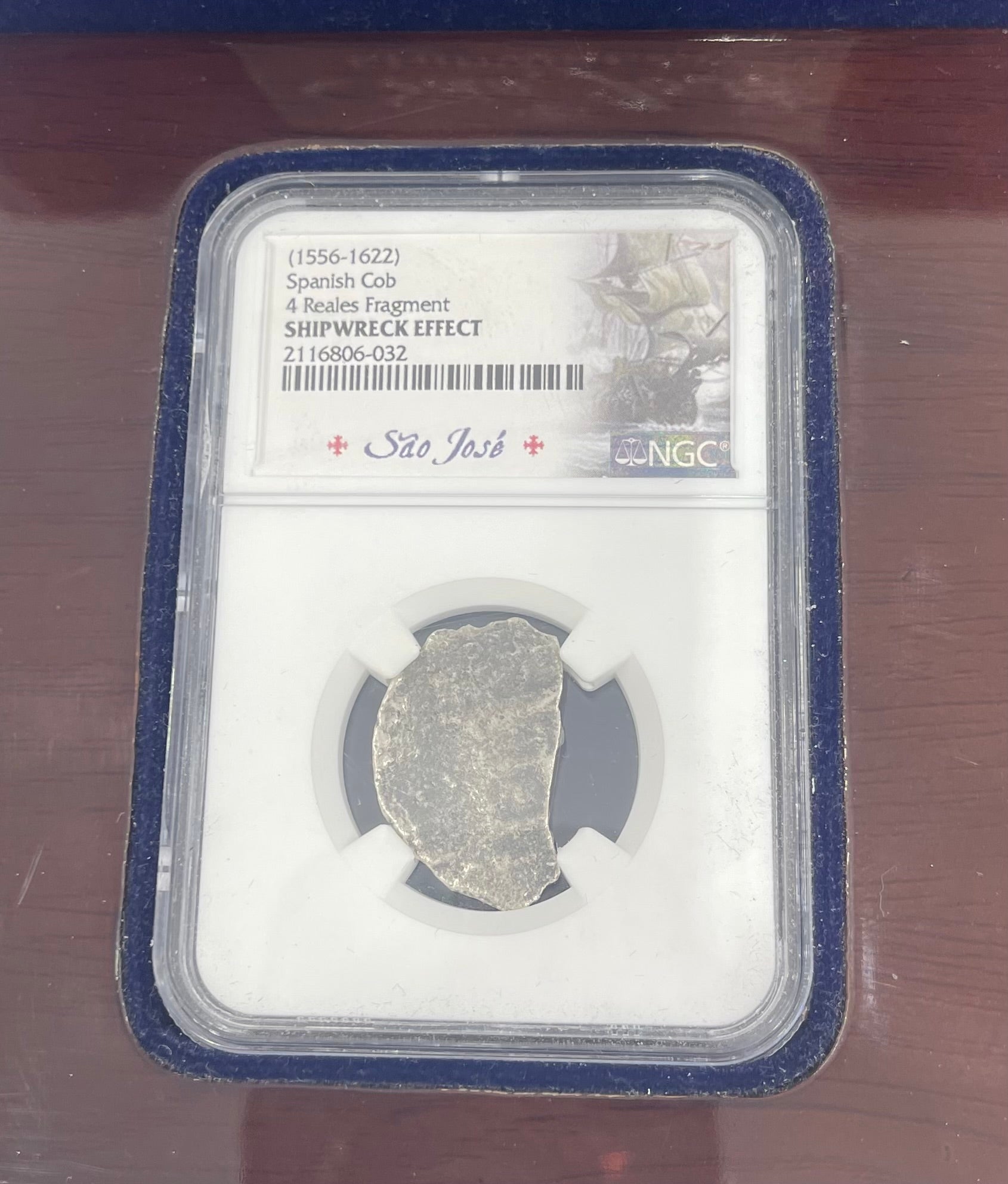 1556-1622 SPANISH COB 4 REALES FRAGMENT SAO JOSE ACTUAL COIN SEALED SHIPWRECK COIN