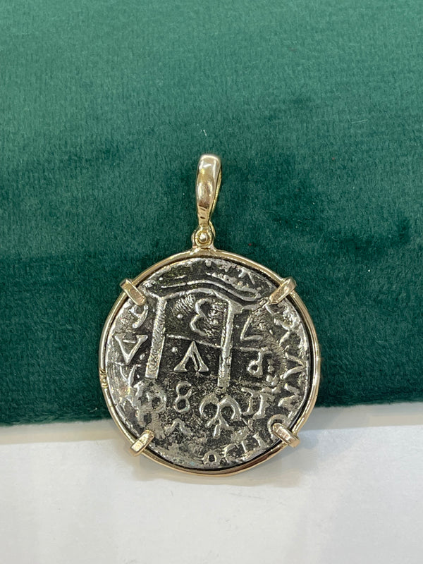 ATOCHA SILVER COIN PENDANT IN 14K REAL SOLID GOLD BEZEL HANDMADE FROM ATOCHA SILVER