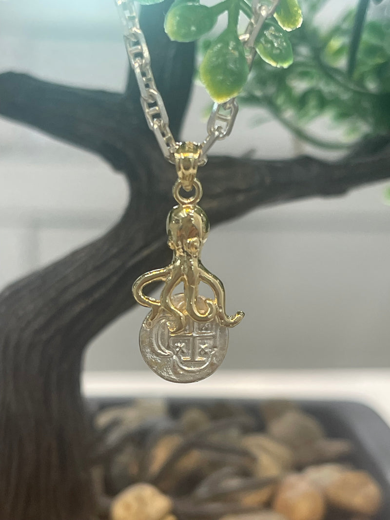 NUESTRA SENORA DE ATOCHA MINI SILVER COIN PENDANT IN 10K REAL GOLD OCTOPUS