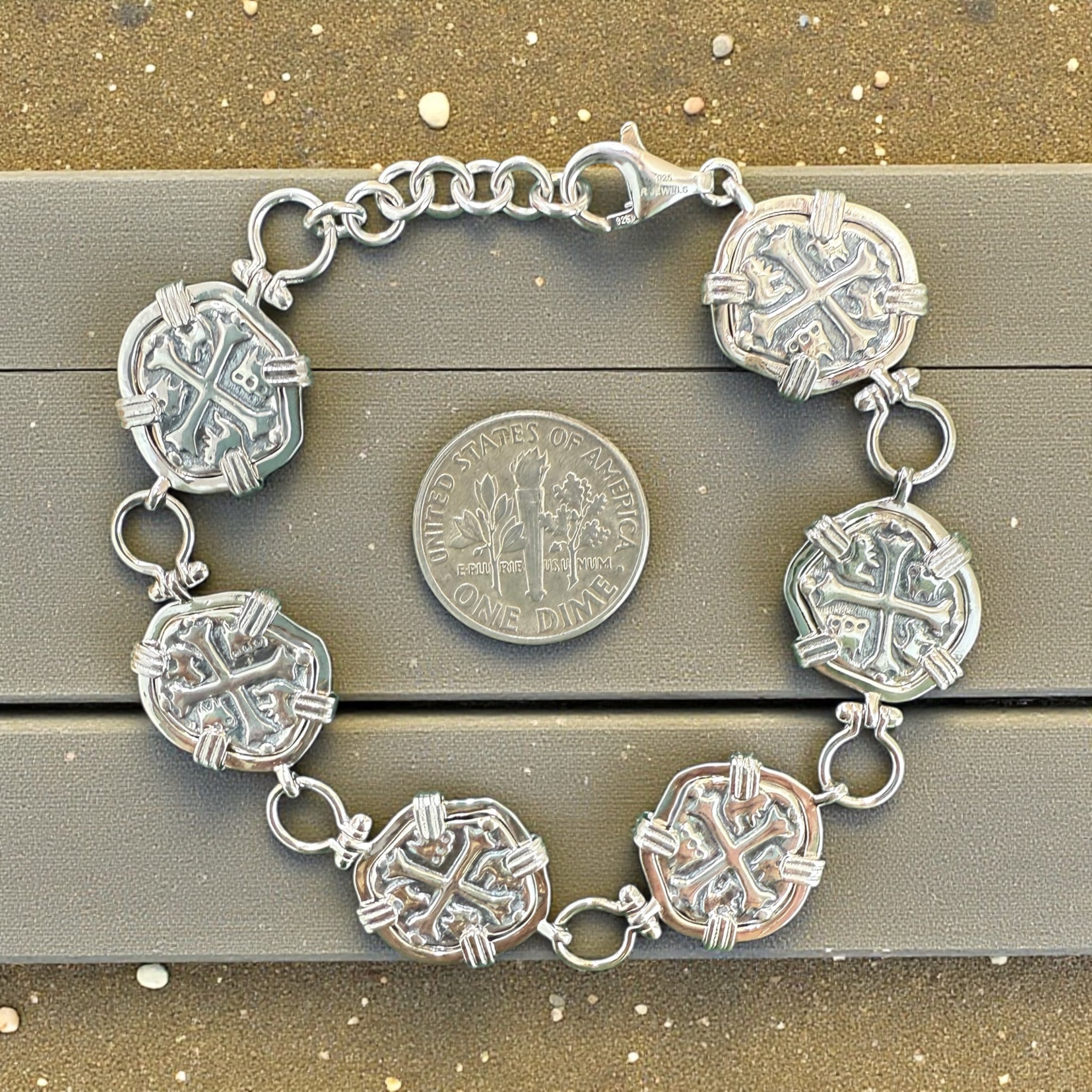 BEAUTIFUL ATOCHA SILVER COIN BRACELET IN SHACKLE LINK ADJUSTABLE 6” to 7” BOTH