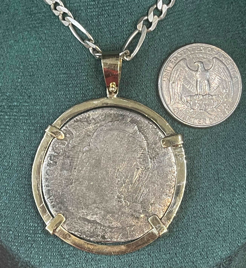 ACTUAL EL CAZADOR COIN PENDANT IN 10K SOLID REAL GOLD BEZEL GRADE 2