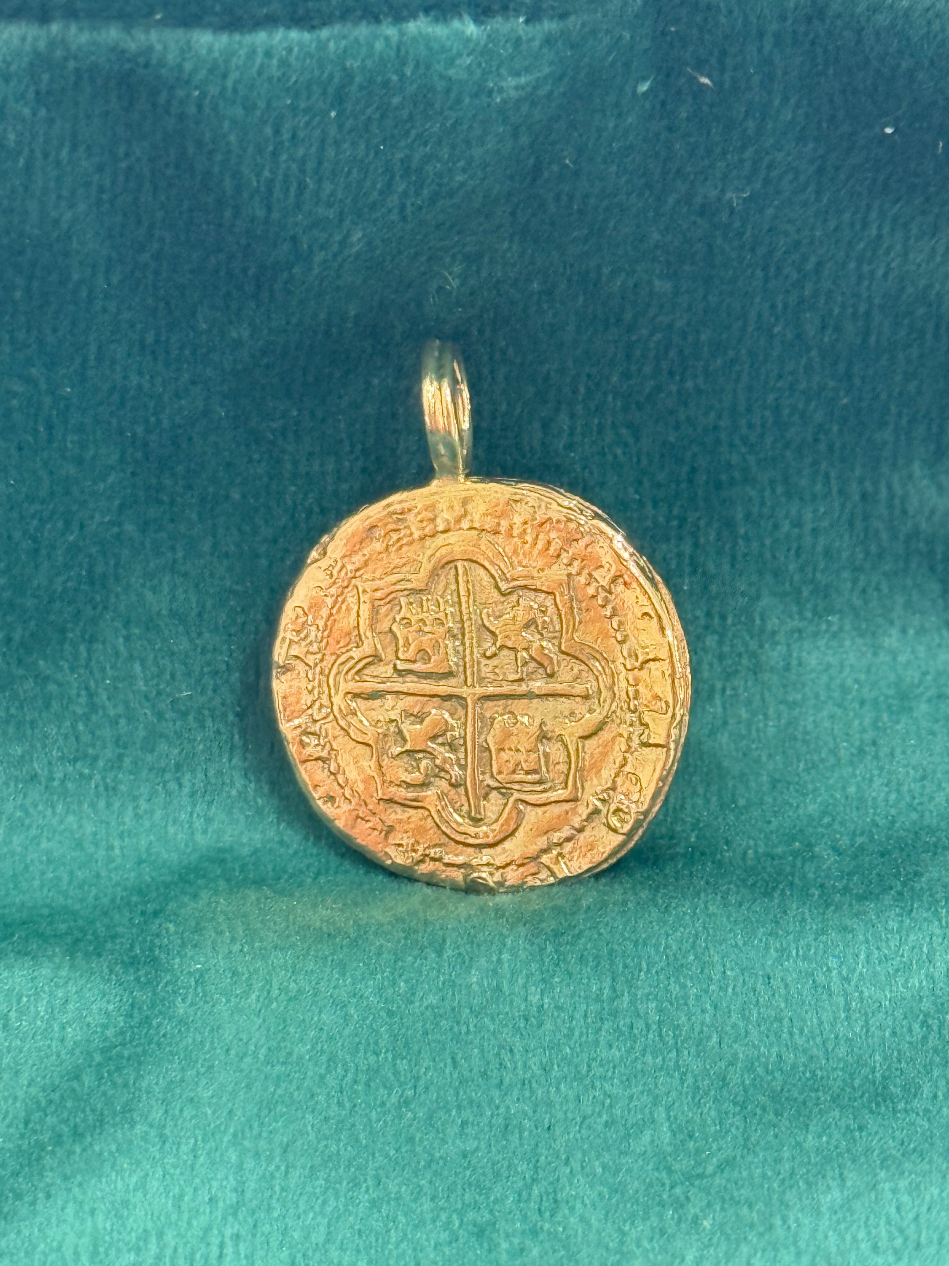 MUSEUM QUALITY RECREATION OF ATOCHA SHIPWRECK GOLD COIN PENDANT HANDMADE WITH 14K REAL GOLD
