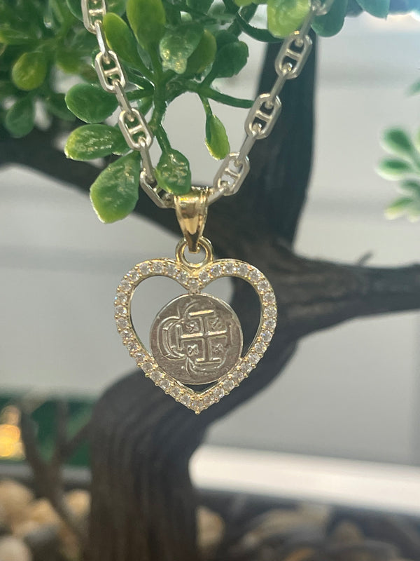 NUESTRA SENORA DE ATOCHA MINI SILVER COIN PENDANT IN 10K REAL GOLD CRYSTAL HEART