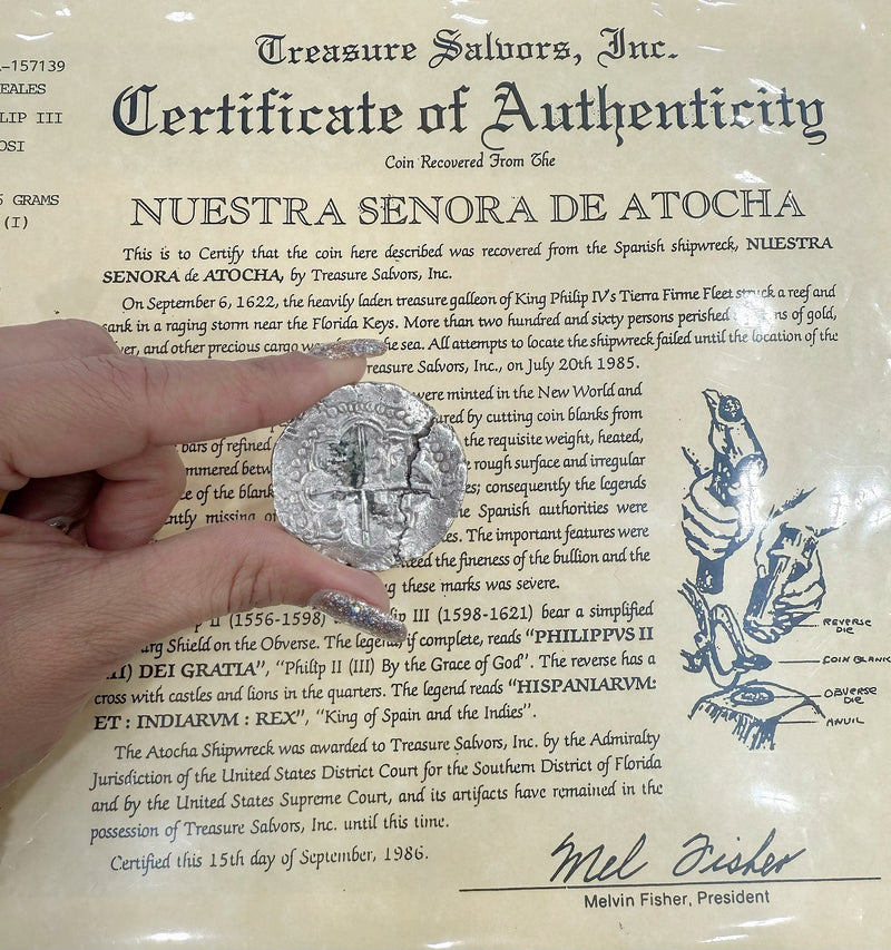 ACTUAL COIN NUESTRA SENORA DE ATOCHA SILVER COIN 8 REALE GRADE 1 PARTIALLY DATED