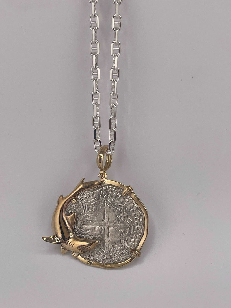 NUESTRA SENORA DE ATOCHA SOLID LARGE SILVER COIN PENDANT IN 14KT SOLID FISH GOLD BEZEL