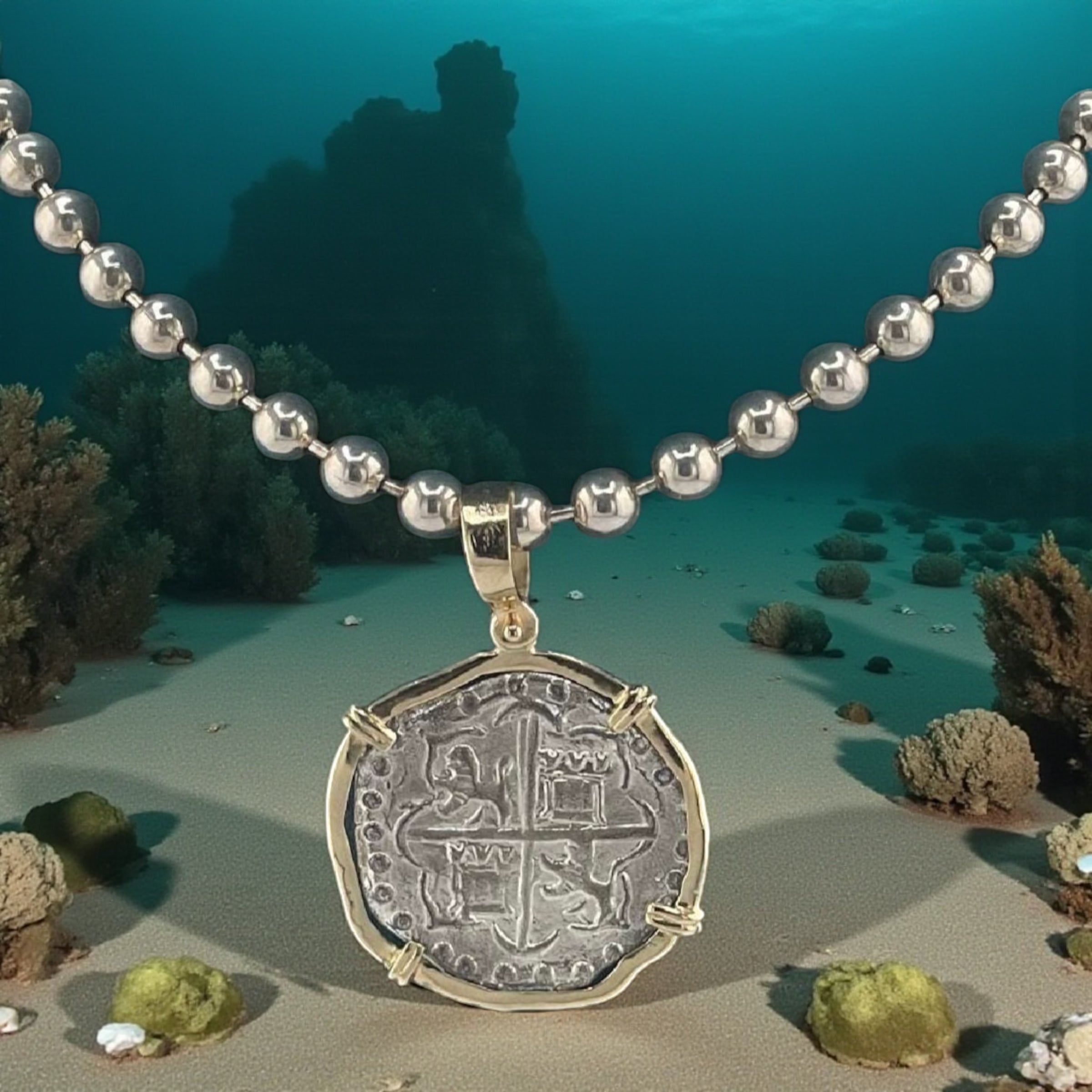 NUESTRA SENORA DE ATOCHA SILVER COIN PENDANT IN 14KT SOLID GOLD BEZEL WITH 925 STERLING SILVER BEAD CHAIN 18” LONG