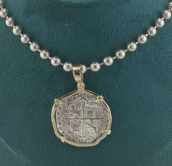 NUESTRA SENORA DE ATOCHA SILVER COIN PENDANT IN 14KT SOLID GOLD BEZEL WITH 925 STERLING SILVER BEAD CHAIN 18” LONG