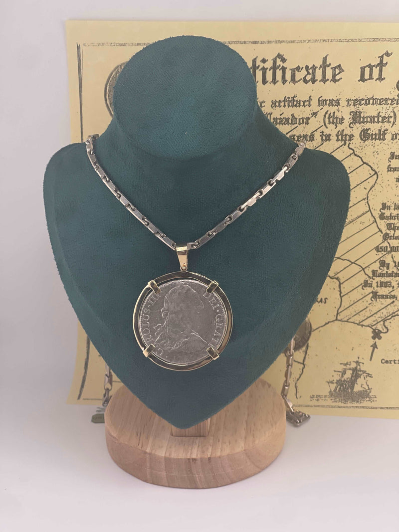 ACTUAL GRADE 1 EL CAZADOR COIN PENDANT IN 10K SOLID REAL GOLD BEZEL