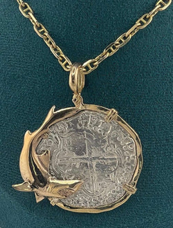 NUESTRA SENORA DE ATOCHA SOLID LARGE SILVER COIN PENDANT IN 14KT SOLID GOLD FISH BEZEL