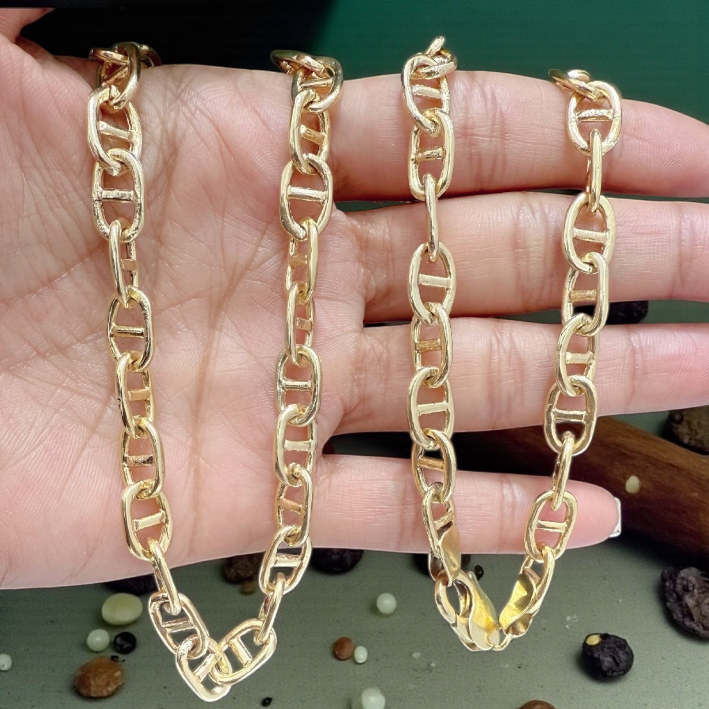 14k solid real gold handmade rounded anchor link chain 7.5mm