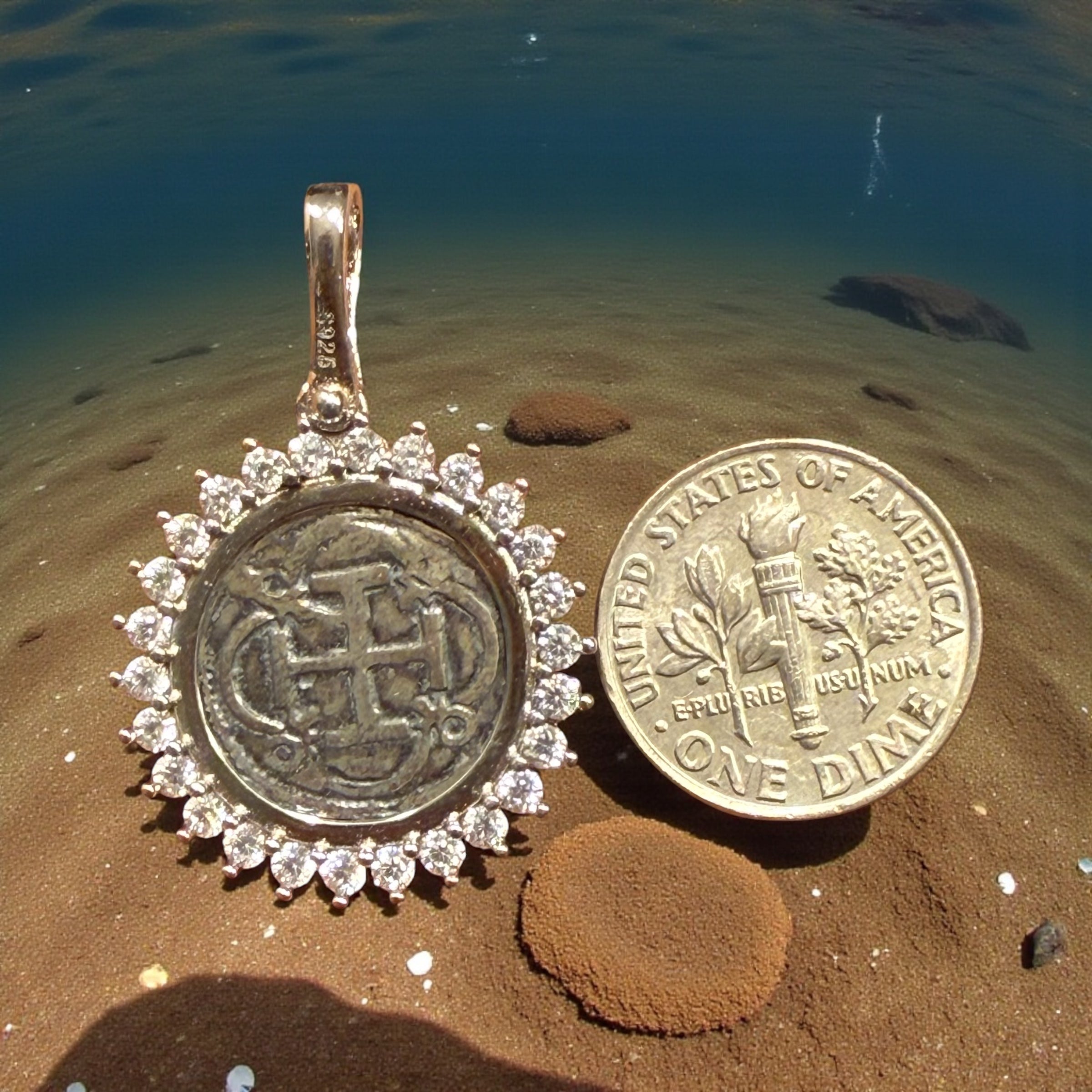 Gorgeous Atocha Shipwreck coin pendant in sparkling crystals 22mm