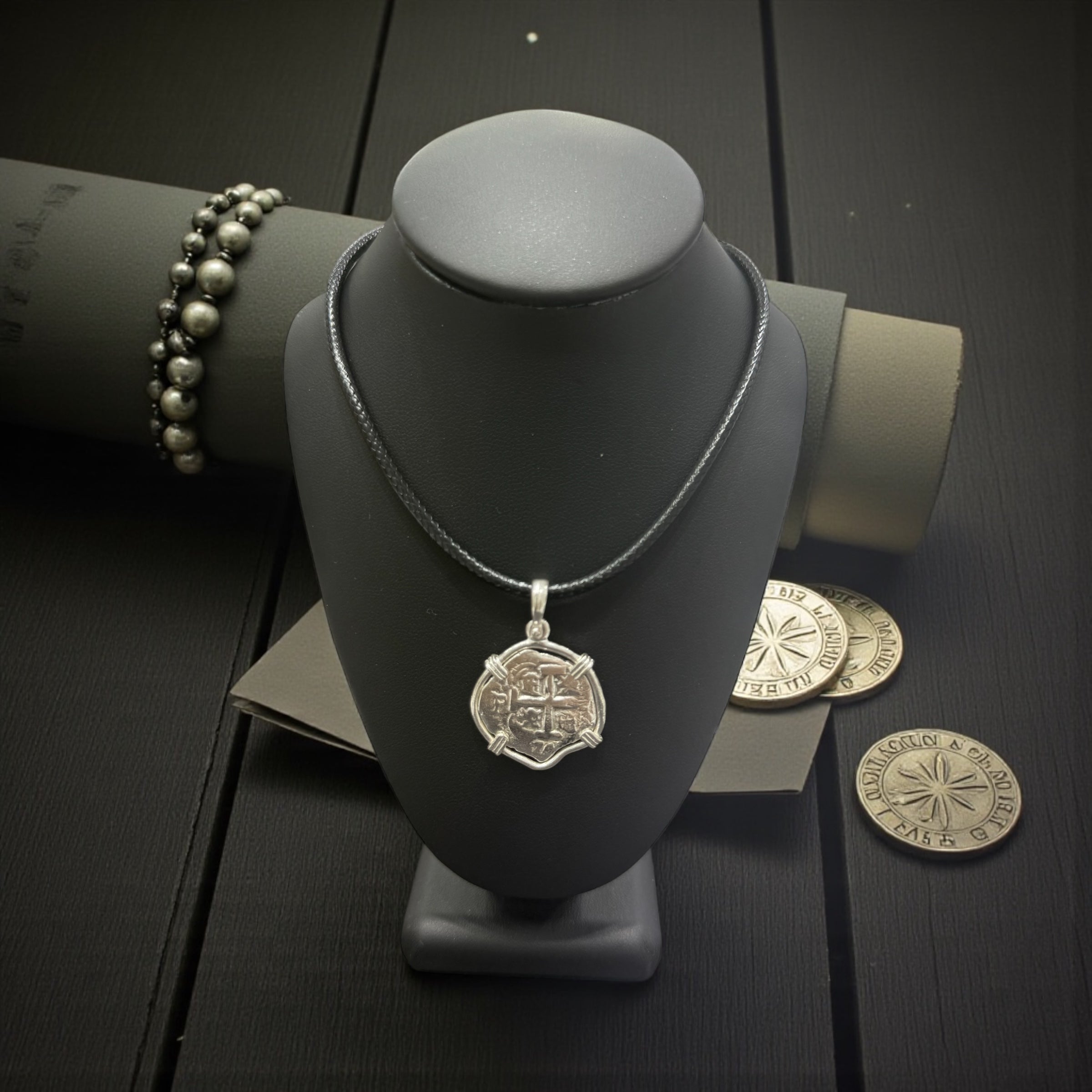 Atocha solid 925 sterling silver coin pendant with leather chain in 925 silver clasp